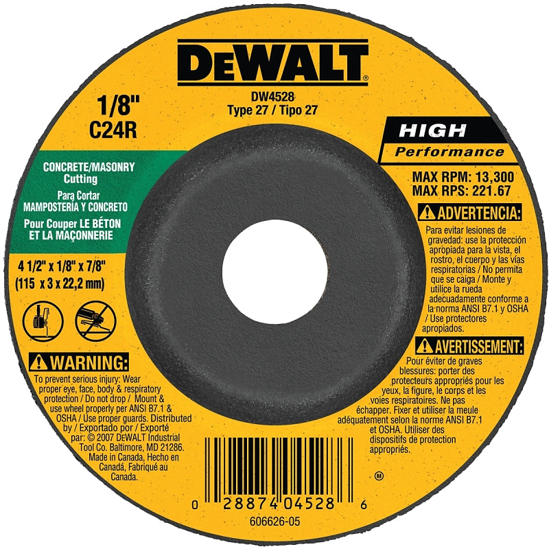 DeWALT DW4528 Grinding Wheel, 4-1/2 in Dia, 1/8 in Thick, 7/8 in Arbor, 24 Grit, Coarse, Silicone Carbide Abrasive