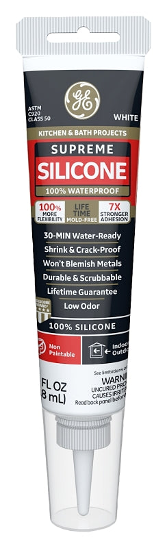 GE Supreme Silicone 2823400 Kitchen & Bath Sealant, White, 24 hr Curing, 2.8 fl-oz Squeeze Tube