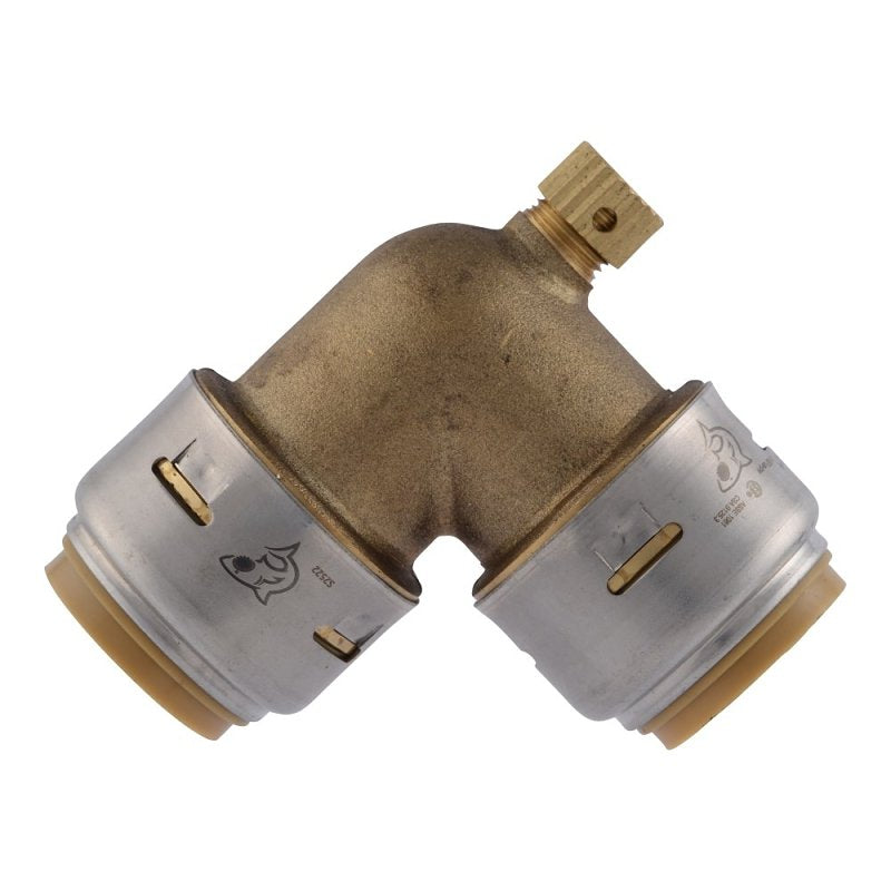 SharkBite UR5256A Pipe Elbow with Drain/Vent, 3/4 in Push-to-Connect, 90 deg Angle, DZR Brass, 200 psi Pressure