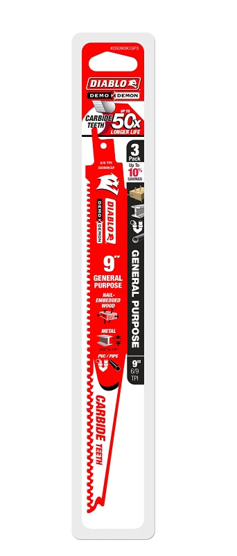 Diablo DS0909CGP3 Reciprocating Saw Blade, 9 in L, 6/9 TPI, Carbide Cutting Edge, 3/PK