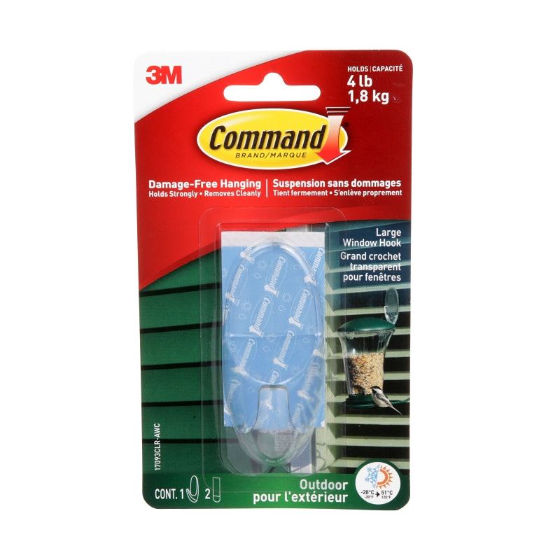 Command 17093CLR-AWC Window Hook, 4 lb, 1-Hook, Plastic, Clear, 1/EA