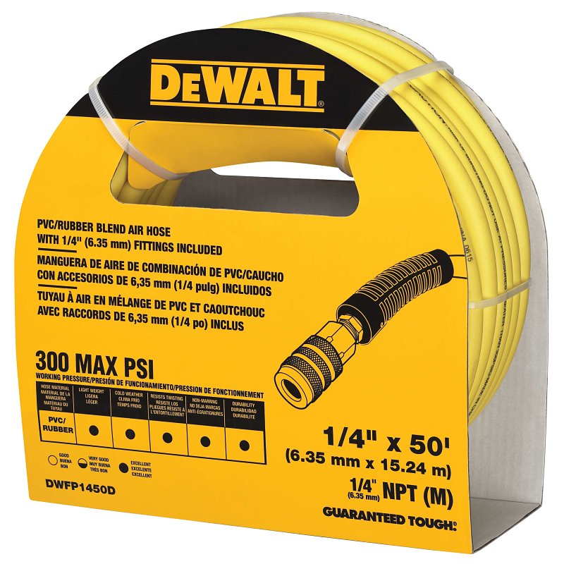 DEWALT DWFP1450D Air Hose, 1/4 in OD, 50 ft L, 300 psi Pressure, Polymer, Yellow