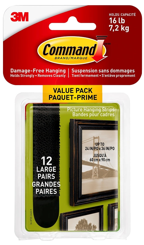 Command 17206BLK-12ES Large Picture Hanging Strip, 3/4 in W, 3-5/8 in L, Foam Backing, Black, 4 lb