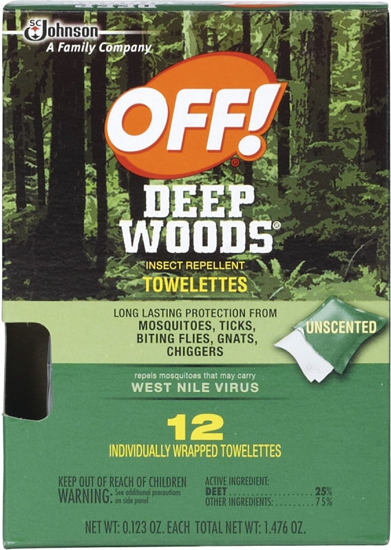 OFF! Deep Woods 54996 Insect Repellent Towelette, 12 CT Pack, Liquid, Clear/White, Alcohol