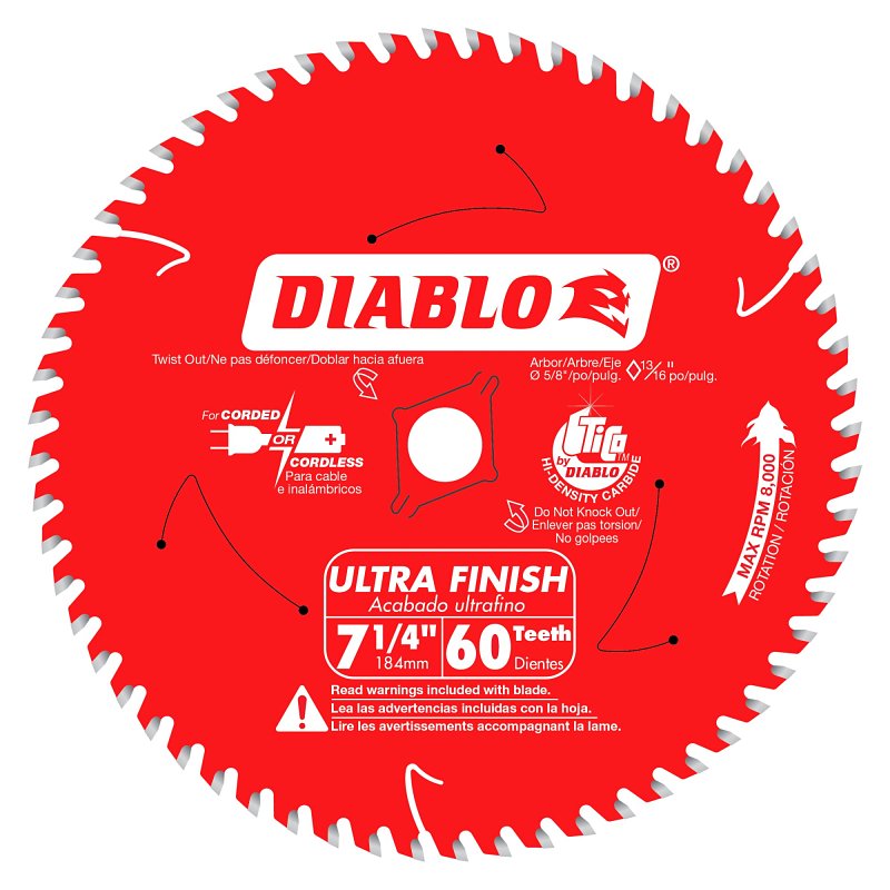 Diablo D0760X Circular Saw Blade, 7-1/4 in Dia, 5/8 in Arbor, 60-Teeth, TiCo Cutting Edge