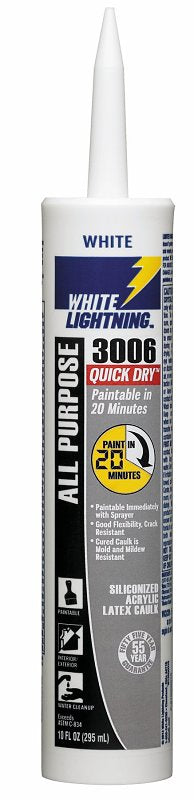 White Lightning 3006 Quick Dry W12QD0010 Caulk, White, 7 days Curing, 40 to 140 deg F, 10 fl-oz Syringe