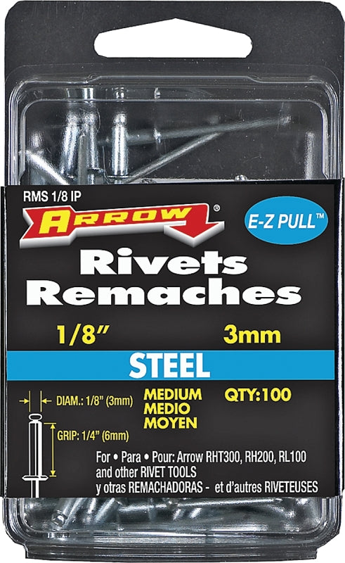 Arrow RMS1/8IP Pop Rivet, Medium, 1/4 in L, Steel, 100/PK