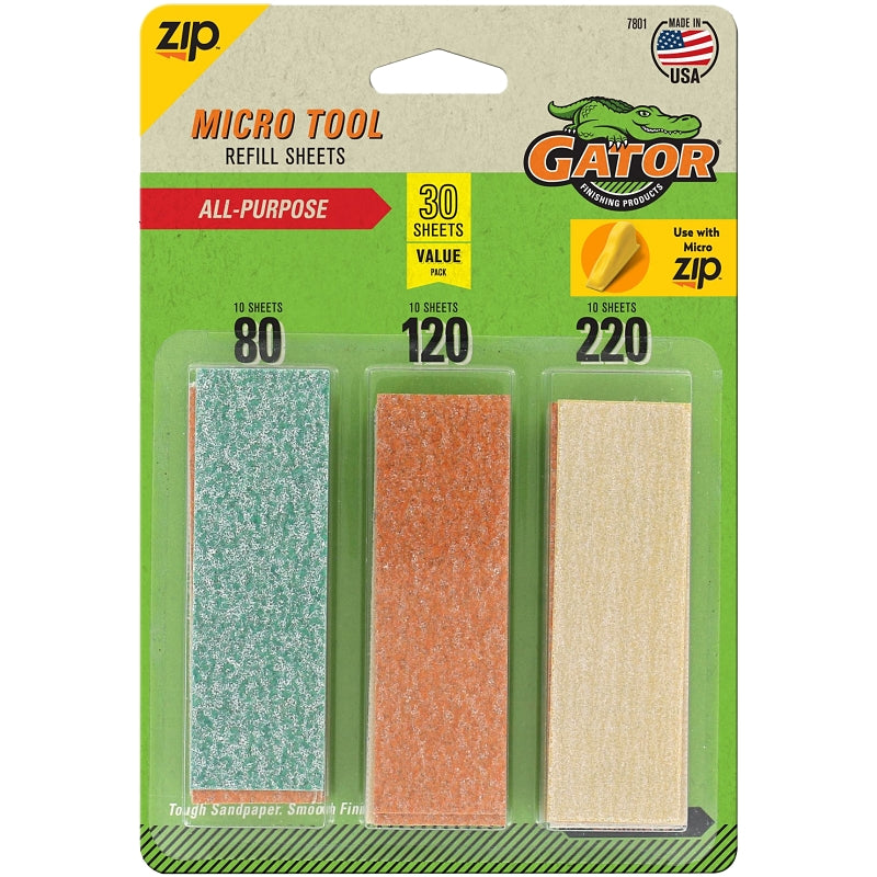 Gator MicroZip 7801 Refill Sheet, 3-1/2 in L, 1 in W, Extra Fine, Fine, Medium, 80 Grit, Aluminum Oxide Abrasive