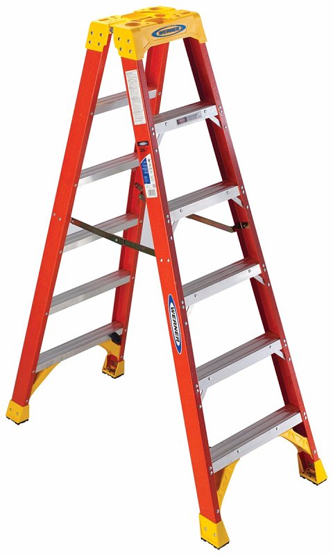 Werner T6200 Series T6206 Twin Ladder, 6 ft H, Type IA Duty Rating, Fiberglass, 300 lb, 5-Step, 10 ft Max Reach