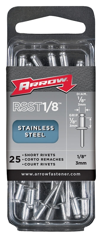 Arrow RSST1/8 Pop Rivet, Short, 1/8 in L, Stainless Steel, 25/PK