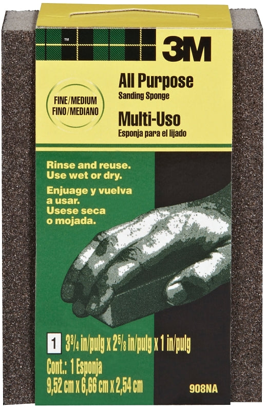 3M 908 Sanding Sponge, 3-3/4 in L, 2-5/8 in W, Fine, Medium, Aluminum Oxide Abrasive