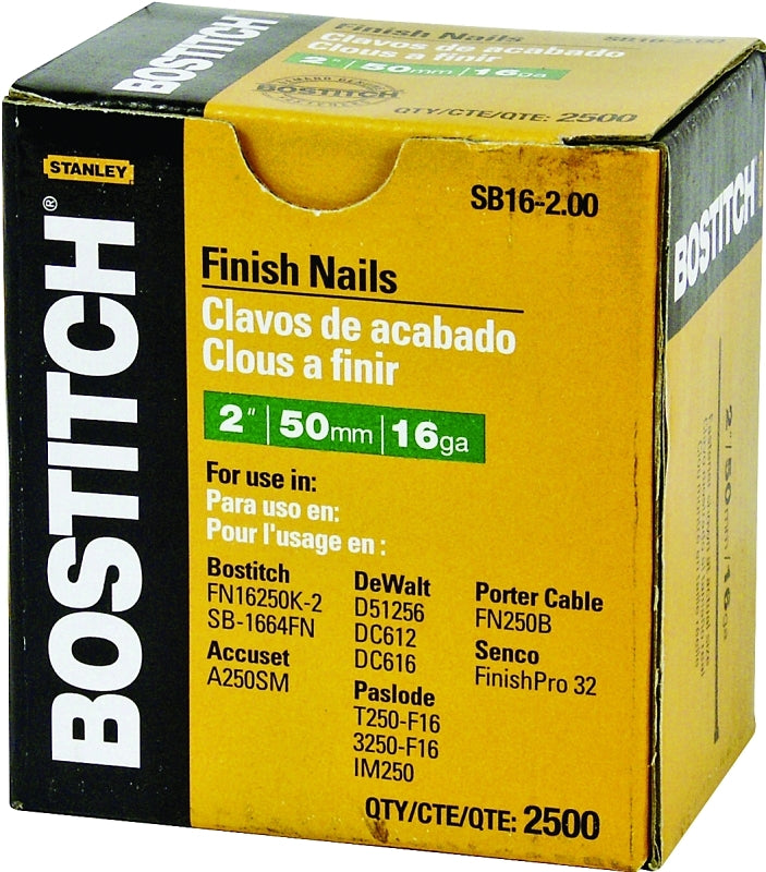 Bostitch SB16-200 Finish Nail, 2 in L, 16 Gauge, Steel, Coated, Smooth Shank