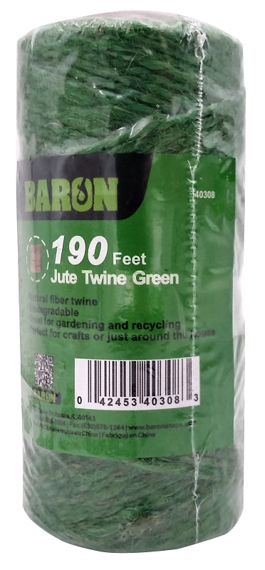 BARON 40308 Twine, 1/8 in Dia, 190 ft L, 7 lb Working Load, Natural Fiber, Green