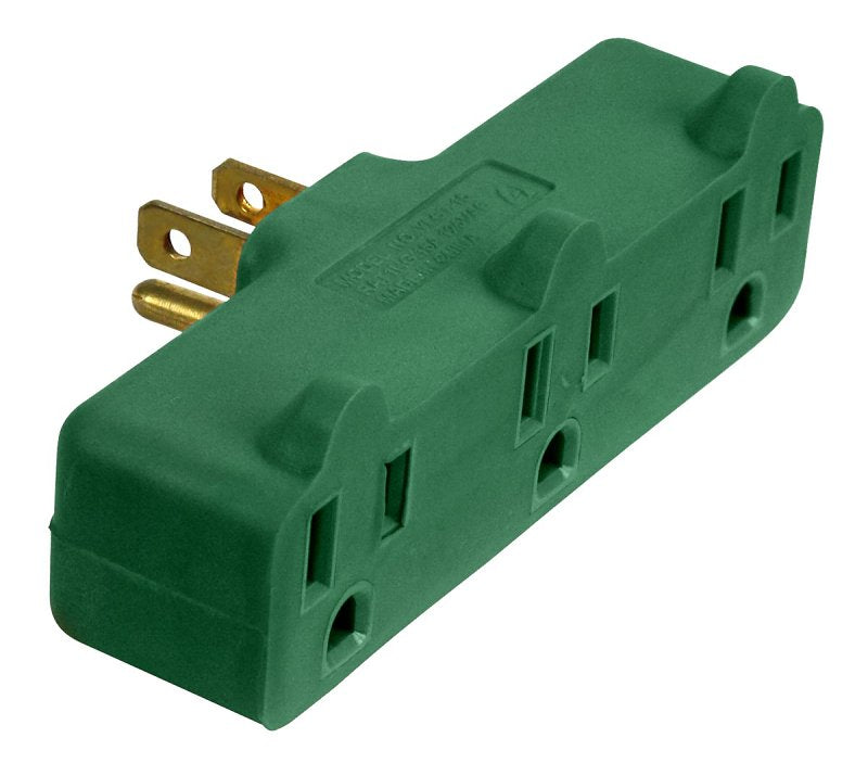 PowerZone ORAD0101 Adapter, 125 V, 3-Outlet, NEMA: NEMA 5-15P, Green