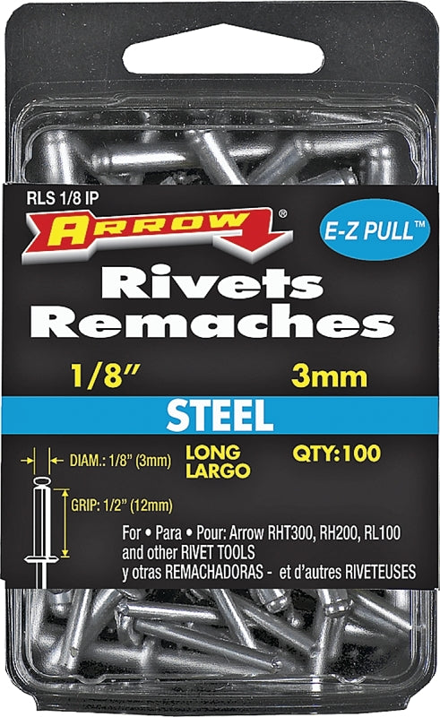 Arrow RLS1/8IP Pop Rivet, Long, 1/2 in L, Steel, 100/PK