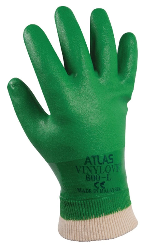 Showa 600L-09.RT Coated Gloves, L, Knit Wrist Cuff, PVC, Green