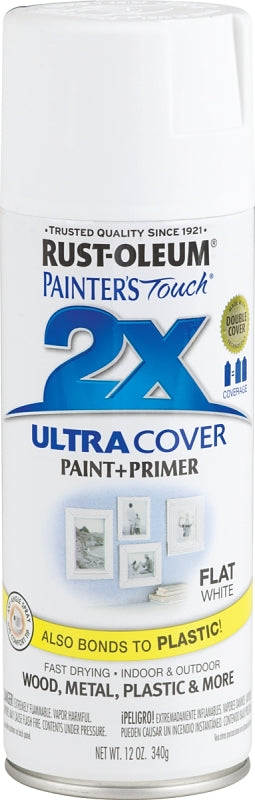 Rust-Oleum Painter's Touch 2X Ultra Cover 334021 Spray Paint, Flat, White, 12 oz, Aerosol Can