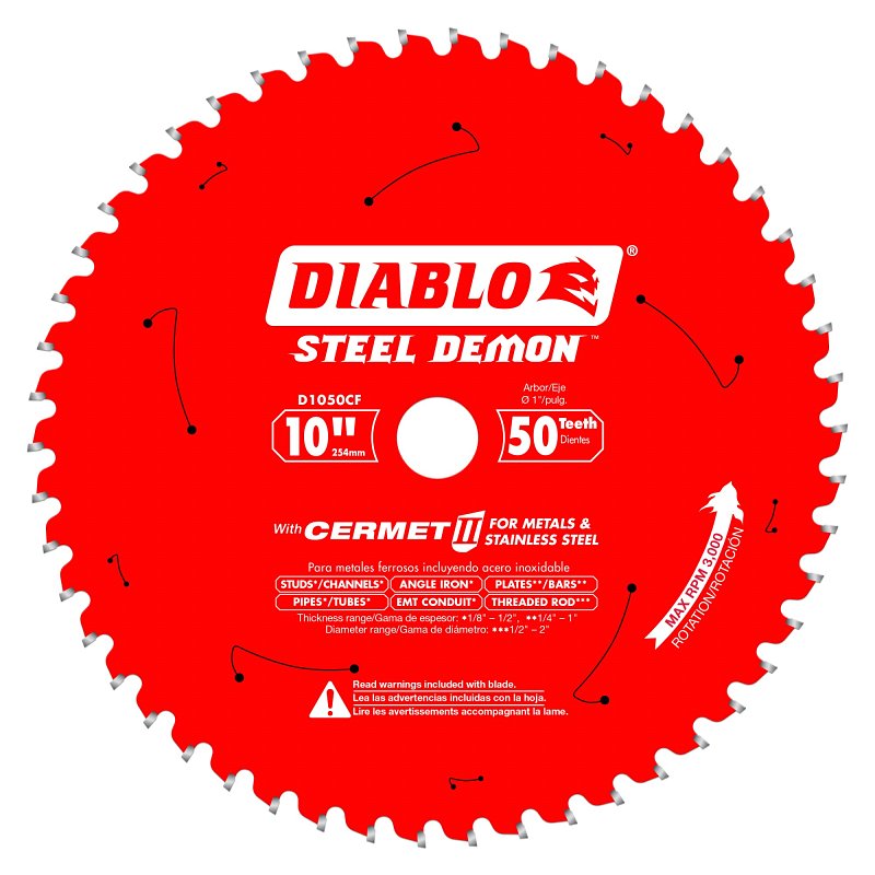 Diablo D1050CF Circular Saw Blade, 10 in Dia, 1 in Arbor, 50-Teeth, Carbide Cutting Edge