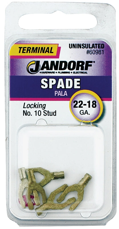 Jandorf 60981 Spade Terminal, 600 V, 22 to 18 AWG Wire, #10 Stud, Copper Contact, 5/PK