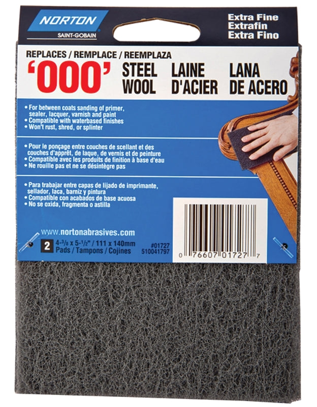 Norton 01727 Steel Wool, 4-3/8 in L, 5-1/2 in W, #000 Grit, Extra Fine, Gray