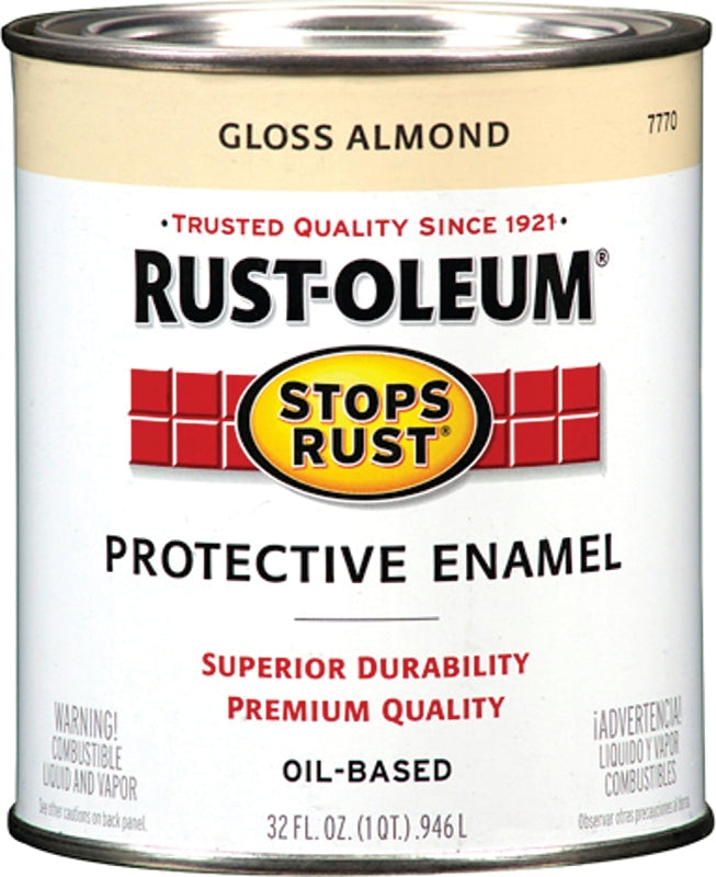Rust-Oleum Stops Rust 7770502 Enamel Paint, Oil, Gloss, Almond, 1 qt, Can, 50 to 90 sq-ft/qt Coverage Area