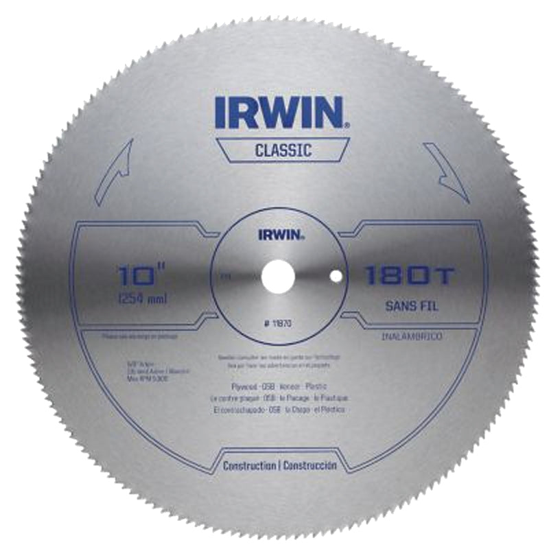 Irwin 11870 Circular Saw Blade, 10 in Dia, 5/8 in Arbor, 180-Teeth, HCS Cutting Edge, Applicable Materials: Wood