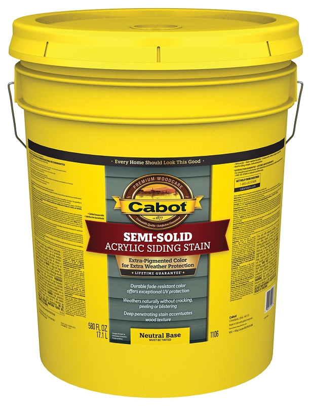 Cabot 1100 Series 140.0001106.008 Exterior Stain, Semi-Solid, Neutral Base, Liquid, 5 gal, Pail