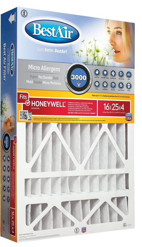 BestAir HW1625-13R Air Filter, 16 in L, 25 in W, 13 MERV, 1500 to 1900 MPR, Cardboard Frame