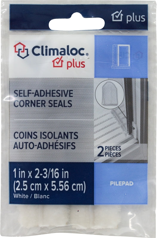 Climaloc COLORmaxx Series PILEPAD Corner Seal, 1 in W, 2-3/16 in L, Polypropylene, White, Self-Adhesive Mounting