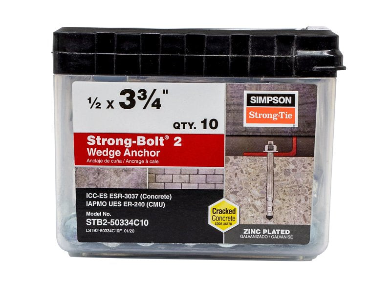 Simpson Strong-Tie Strong-Bolt 2 STB2-50334C10 Wedge Anchor, 1/2 in Dia, 3-3/4 in L, Carbon Steel, Zinc Plated