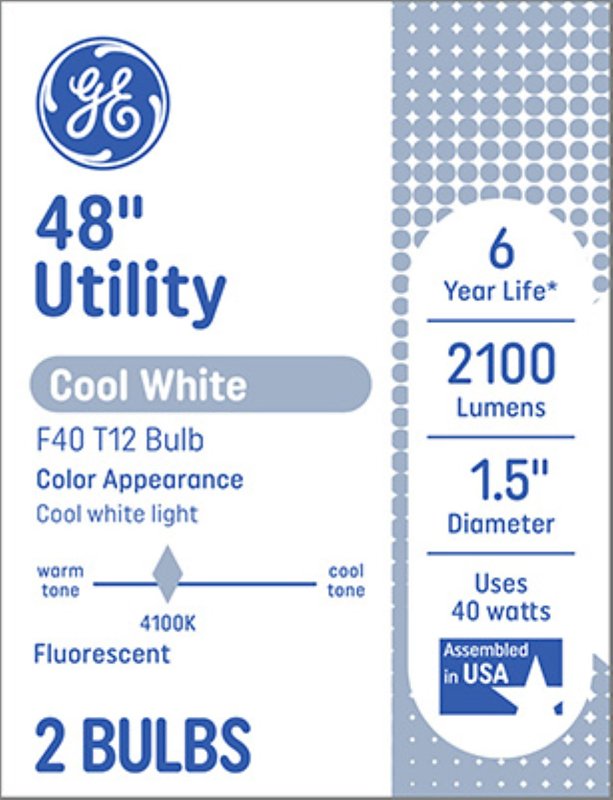 GE 66651 Light Bulb, 40 W, T12 Lamp, G13 Medium Bi-Pin Lamp Base, 2100 Lumens, 4100 K Color Temp