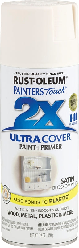 Rust-Oleum Painter's Touch 2X Ultra Cover 346950 Spray Paint, Satin, Blossom White, 12 oz, Aerosol Can