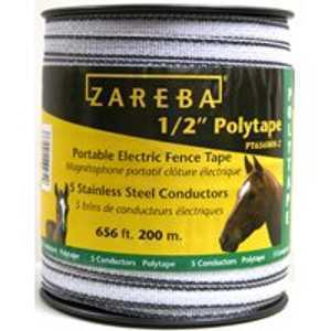 Zareba PT656WH-Z Polytape, 656 ft L, 1/2 in W, 5-Strand, Stainless Steel Conductor, White