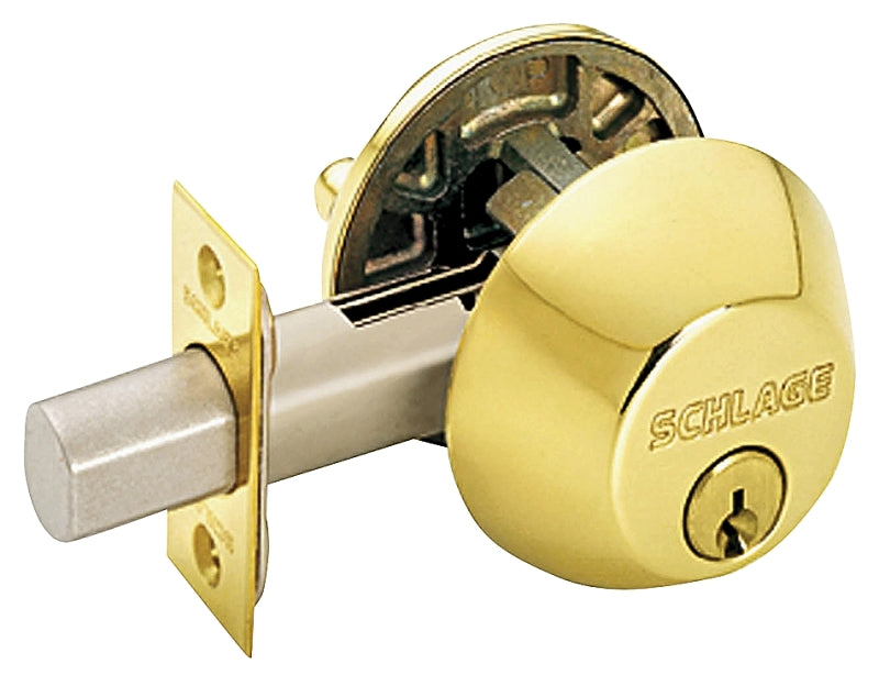 Schlage B60N605 Deadbolt, 1 Grade, SC1 Key, Metal, Bright Brass, 2-3/8, 2-3/4 in Backset, C Keyway