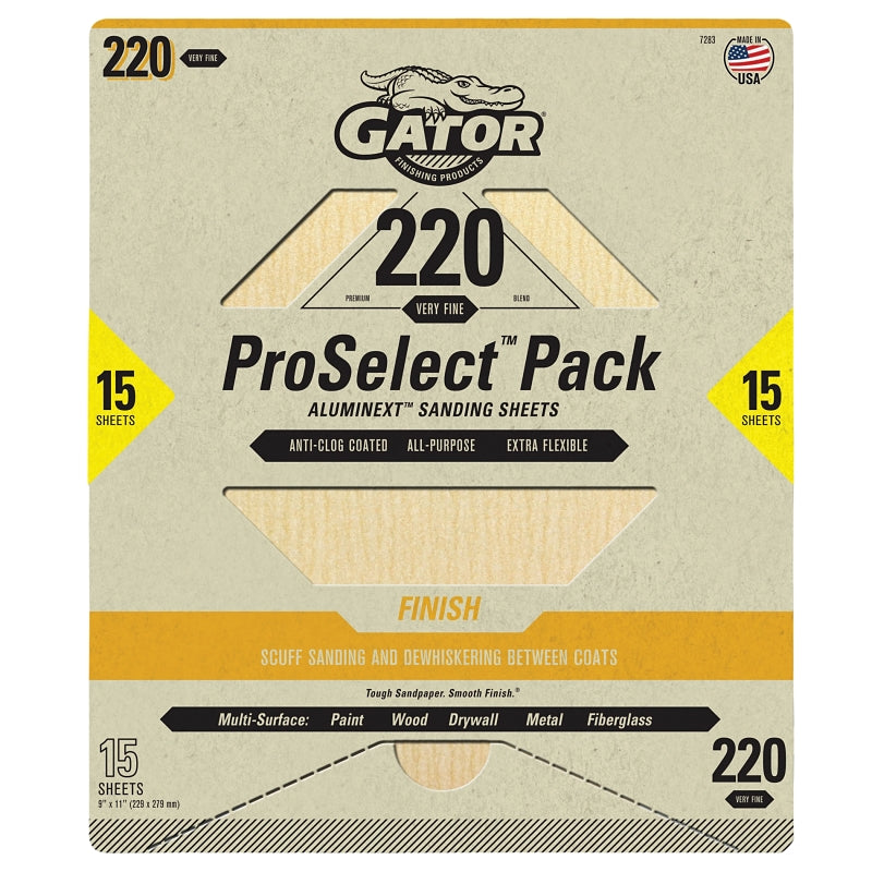 Gator 7283 Sanding Sheet, 11 in L, 9 in W, Very Fine, 220 Grit, Aluminum Oxide Abrasive