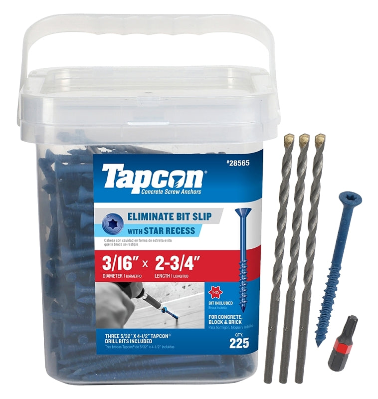 Tapcon 28565 Concrete Screw Anchor, 3/16 in Dia, 2-3/4 in L, Steel, Climaseal