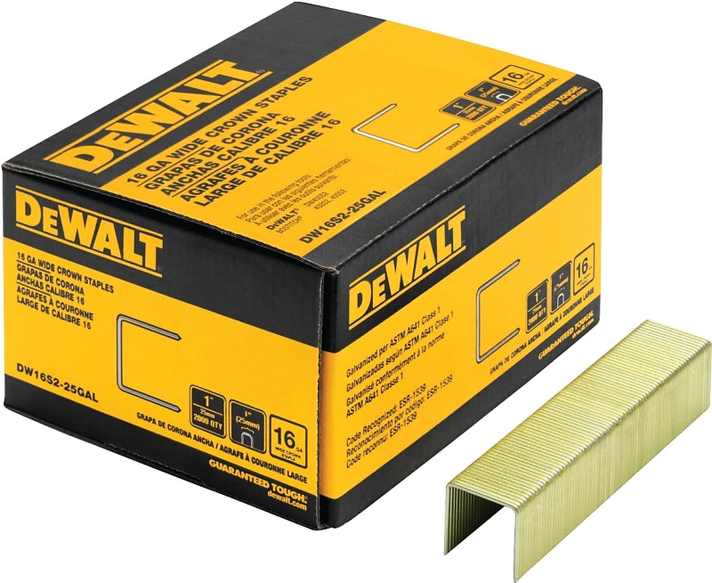 DeWALT DW16S2-25GAL Crown Staple, 1 in W Crown, 3/4 in L Leg, 16 ga Gauge, Galvanized