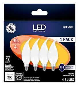 GE Industrial Solutions 37418 LED Bulb, Decorative, CAC Lamp, 40 W Equivalent, E12 Lamp Base, Dimmable, Frosted