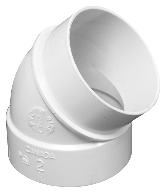 IPEX 201006 Pipe Elbow, 2 in, Socket x Spigot, 45 deg Angle, PVC, White