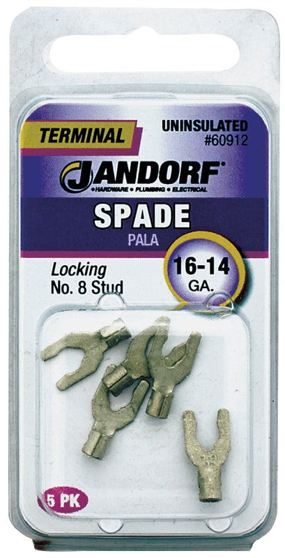 Jandorf 60912 Spade Terminal, 600 V, 16 to 14 AWG Wire, #8 Stud, Copper Contact, 5/PK