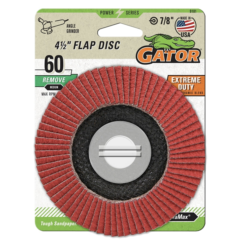 Gator 9181GA Abrasive Flap Disc, 60 Grit, Medium, Zirconium Oxide Abrasive, Fiberglass Backing, 7/8 in