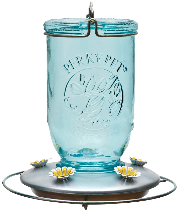 Perky-Pet 785 Bird Feeder, 32 oz, 5-Port/Perch, Glass, Blue, 7-1/2 in H