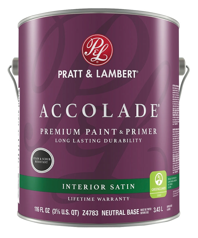 Pratt & Lambert Accolade 0000Z4783-16 Interior Paint, Satin Sheen, Neutral, 116 oz, 400 sq-ft Coverage Area