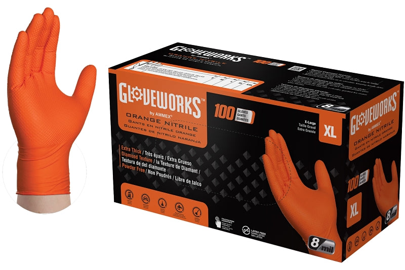 Gloveworks GWON48100 Heavy-Duty Disposable Gloves, XL, Nitrile, Powder-Free, Orange, 9-1/2 in L