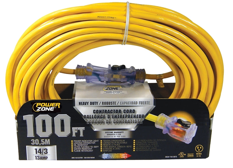 PowerZone Contractor Cord, 14 AWG Cable, 100 ft L, 13 A, 125 V, Yellow