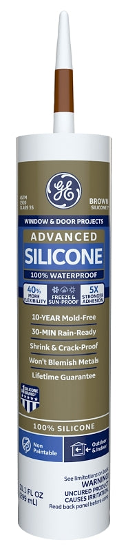 GE Advanced Silicone 2 2813701 Window & Door Sealant, Brown, 24 hr Curing, 10.1 fl-oz Cartridge
