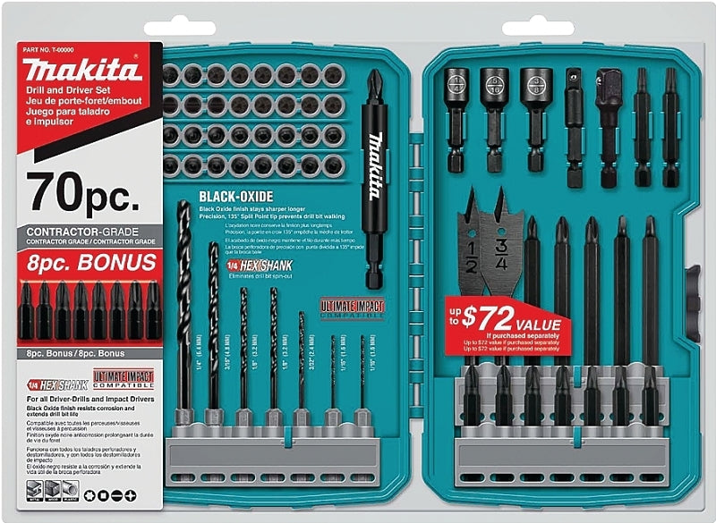 Makita T-01725 Drill/Drive Set, 70-Piece, Steel, Black Oxide