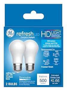 GE Refresh Series 31754 Ceiling Fan Light Bulb, High-Definition, A15 Lamp, 60 W Equivalent, Medium Lamp Base, Yes