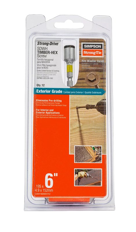 Simpson Strong-Tie Strong-Drive SDWH SDWH19600DB-R12 Timber Screw, 6 in L, Coarse Thread, Large Hex Washer Head