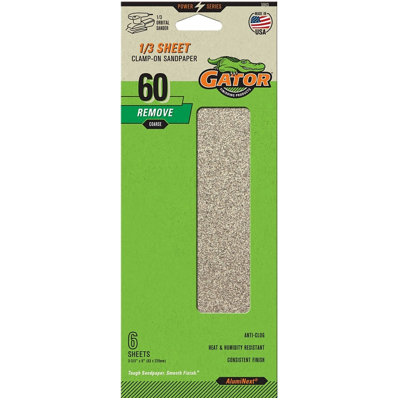 Gator 5043 Sanding Sheet, 3-2/3 in W, 9 in L, 60 Grit, Coarse, Aluminum Oxide Abrasive, Paper Backing